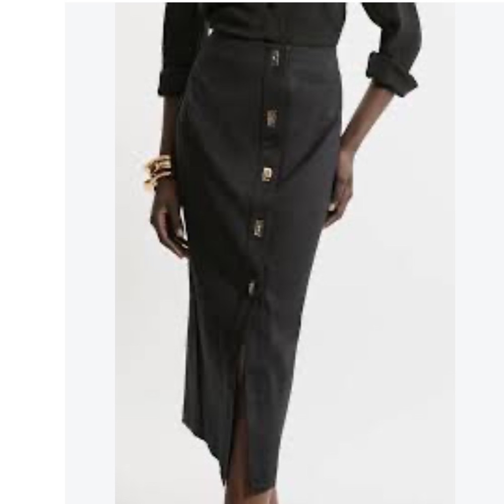 Karen Millen Black Techno Cotton Hardware Detail Midi Skirt Size 2 Minimalist